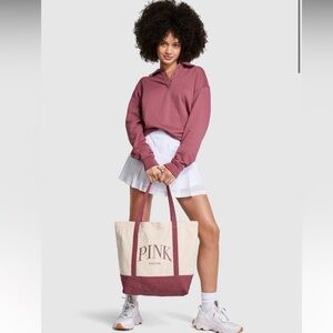 PINK Victoria's Secret Cream and Burgundy Rose Canvas Tote Bag